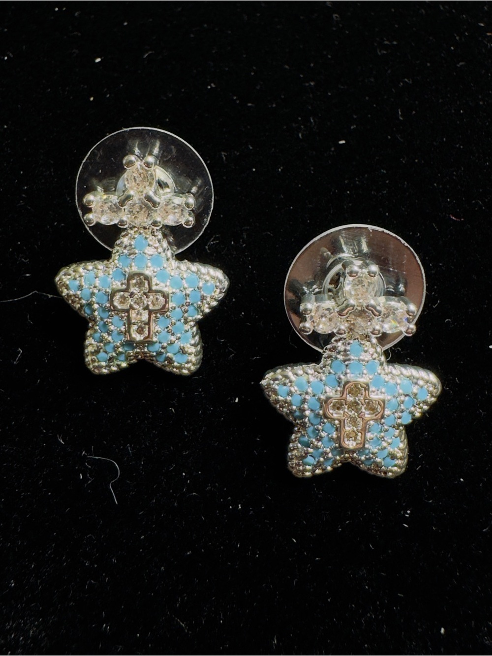 Silver Star Cross Drop Earrings in Turquoise